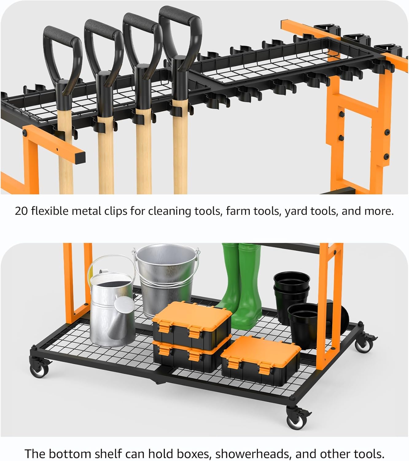 CCCEI Garage Organization with Wheels, Outdoor Gargen Yard Shed Tools Organizer Cart, Home Storage for Cleaning Supplies, Broom Holder, for Shovel and Rake, Long Farming and Farming Tools, Orange.
