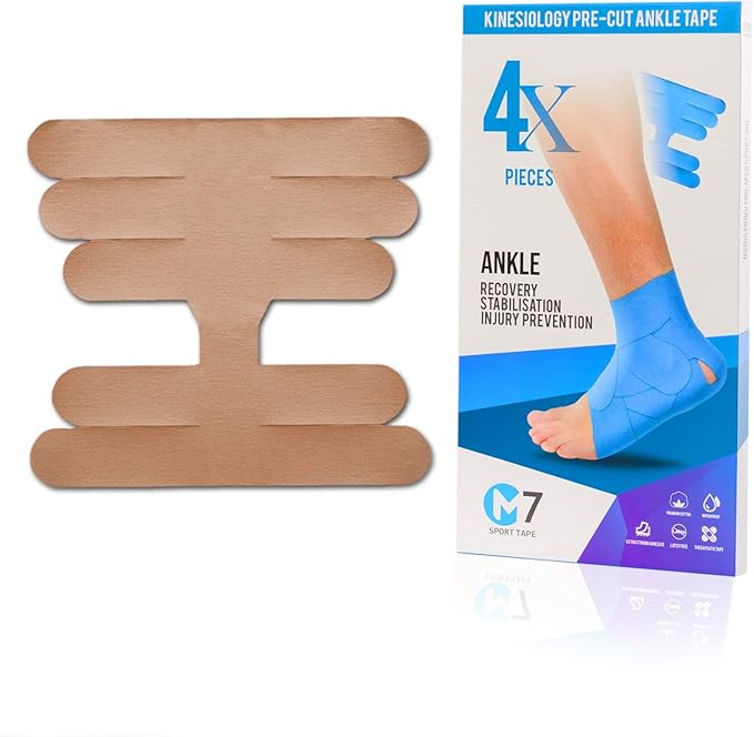 M7 Sport Kinesiology Ankle Tape for Ankle Sprain and Injury Recovery, Kt Tape for Ankle, Pain Relief Therapeutic Tape, Plantar Fasciitis, Waterproof, Eases Swelling (Beige, 4-Pack)