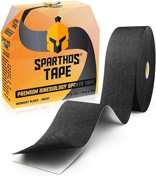 Spartan Tape Kinesiology Tape - Bulk Large Clinical Jumbo - Free Kinesio Taping Guide! Support for Pro Athletic Sports and Recovery - Rocktape Rock Kinesiotape - Uncut 115 ft Roll (Black)