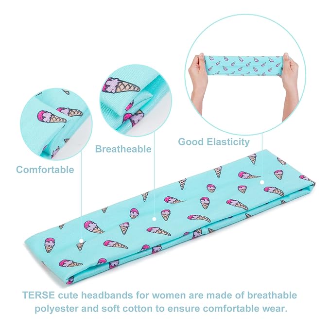 TERSE Fashion Headbands for Short Hair Non-Slip Elastic Floral Hairbands, Soft Fabric 2 Inches Thick Cute Head Accessories for Women and Girls