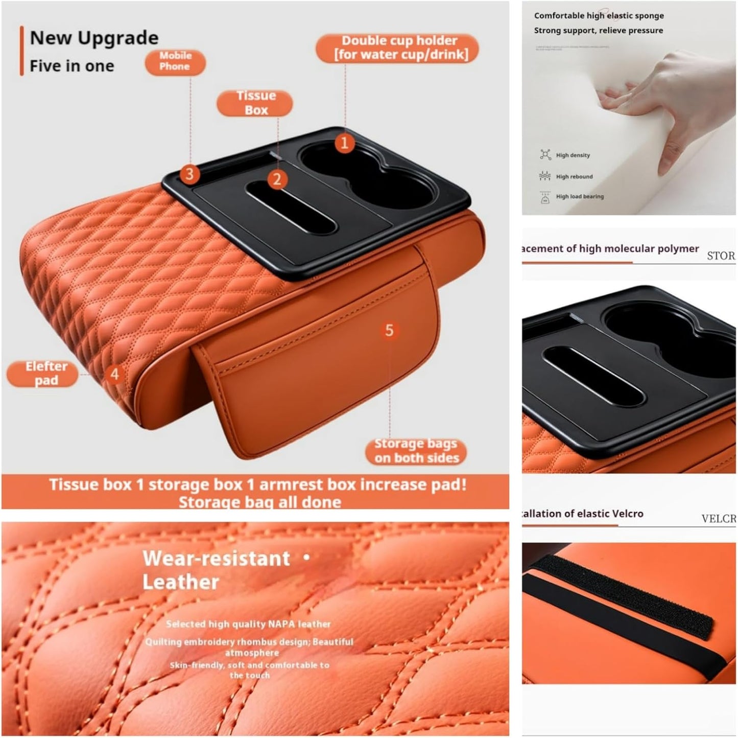 Center Console Cover Organizer, 5-in-1 Arm Rest Cover for Car with Cup Holder & Storage Pocket & Tissue Holder, Armrest Cover Cushion Pad, Water Ripples, Emma Orange