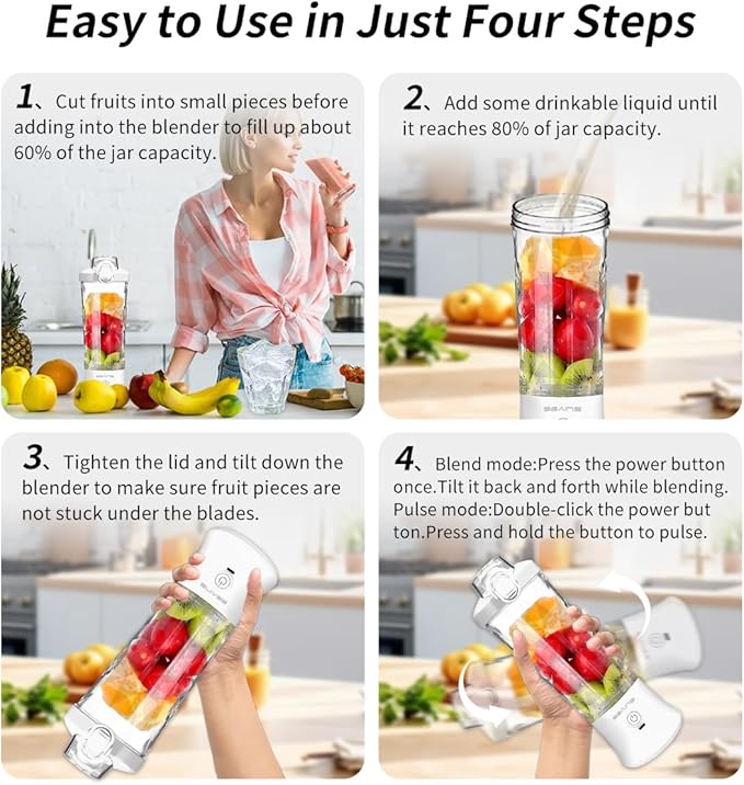 Portable Blender, Personal Blender for Shakes and Smoothies with 20 Oz Travel Cup and Lid, Mini Personal Size Blender with 6 Blades and USB Rechargeable for Gym, Kitchen and Outdoors (White)