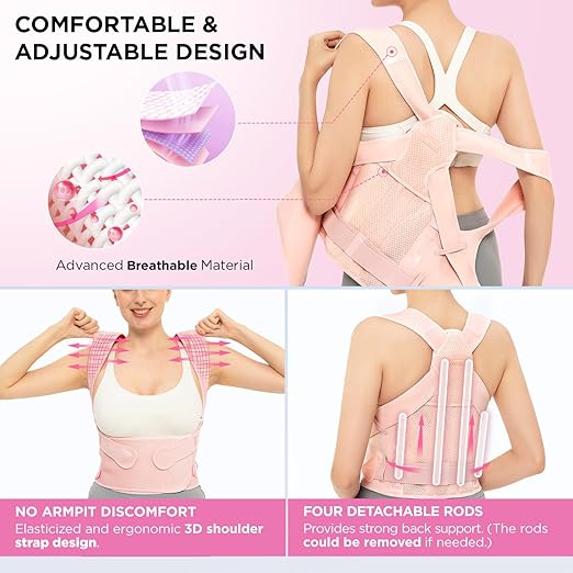 Women Posture Corrector Support for Back: Relieve Upper Back Pain Straighten Body (Pink, Medium)