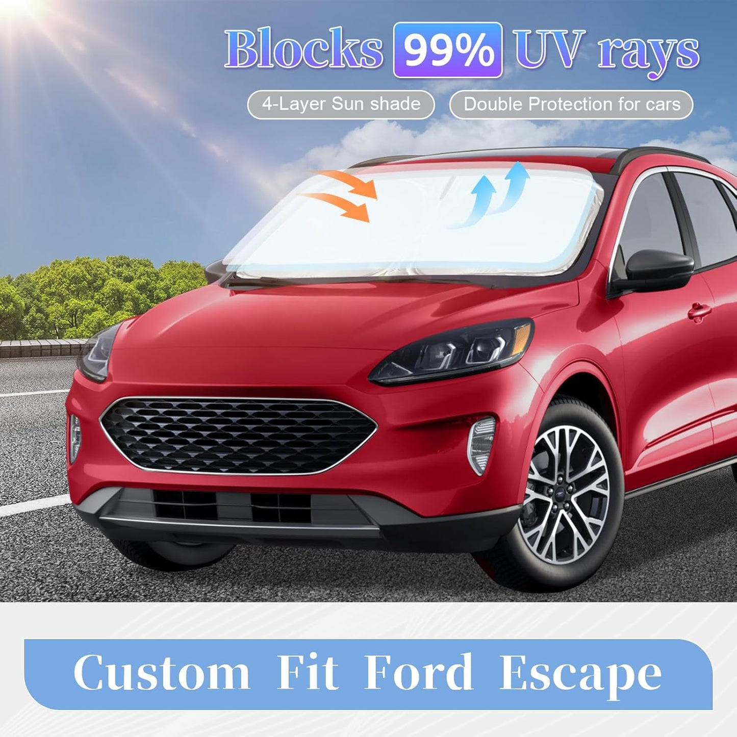 for Ford Escape 2020-2025 Sun Shade Sunshade Windshield Cover, 4-Layer Front Window Shade Custom Fit Escape S SE SE Sport Hybrid SEL Titanium Sun Visor 240T Shade Blocks UV Rays Car Accessories