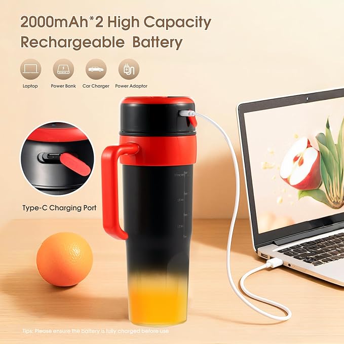 Portable Personal Blender for Shakes and Smoothies with 6 Blades, 21oz(600ml) Personal Size Juicer USB-C Rechargeable with Straw Brush&Lid, for Home, Gym, Travel, Kitchen(Black)