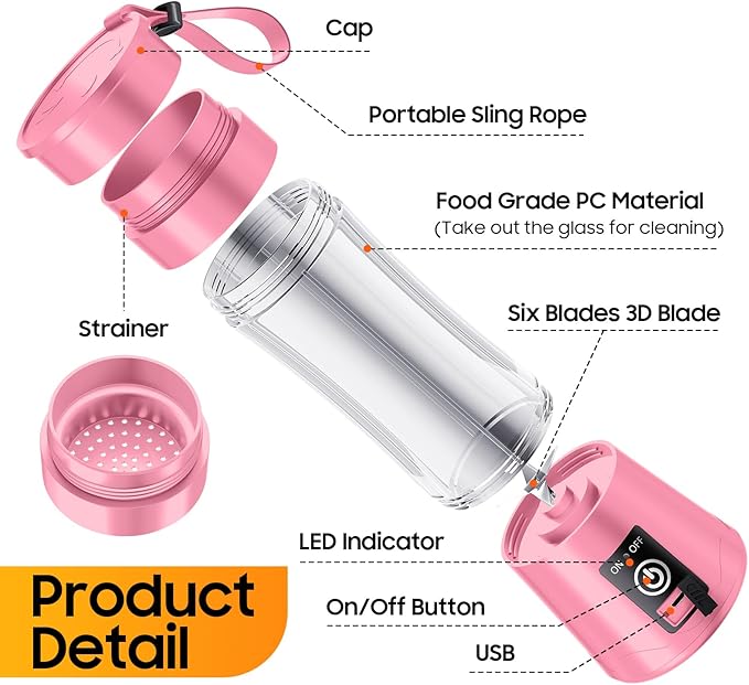 Cordless Personal Size Portable Blender - Blender Make Smoothies & Shakes, 12 Oz BAP Free Traveling Cup, Quickly Squeezed in Office/Picnic/Sprots