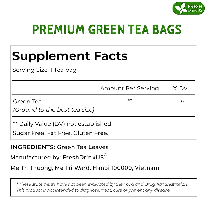 FreshDrinkUS, Premium 210 Green Tea Bags, 100% Natural & Pure from Green Tea. Green Herbal Tea. Made with Natural Material Tea Bags. No Sugar, No Gluten, Vegan.
