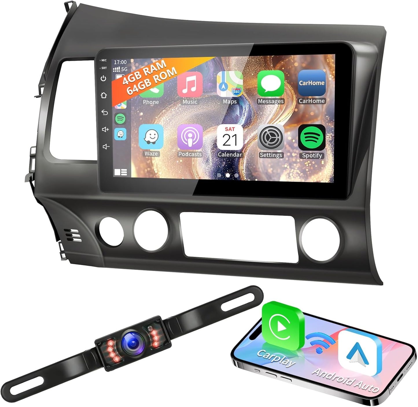 4G+64G Android 13 Car Radio for Honda Civic 2006-2011 with Wireless Carplay Android Auto GPS Navigation 10.1 Inch IPS Touch Screen Head Unit, Support Steering Wheel Control, Mirrorlink, Backup Camera