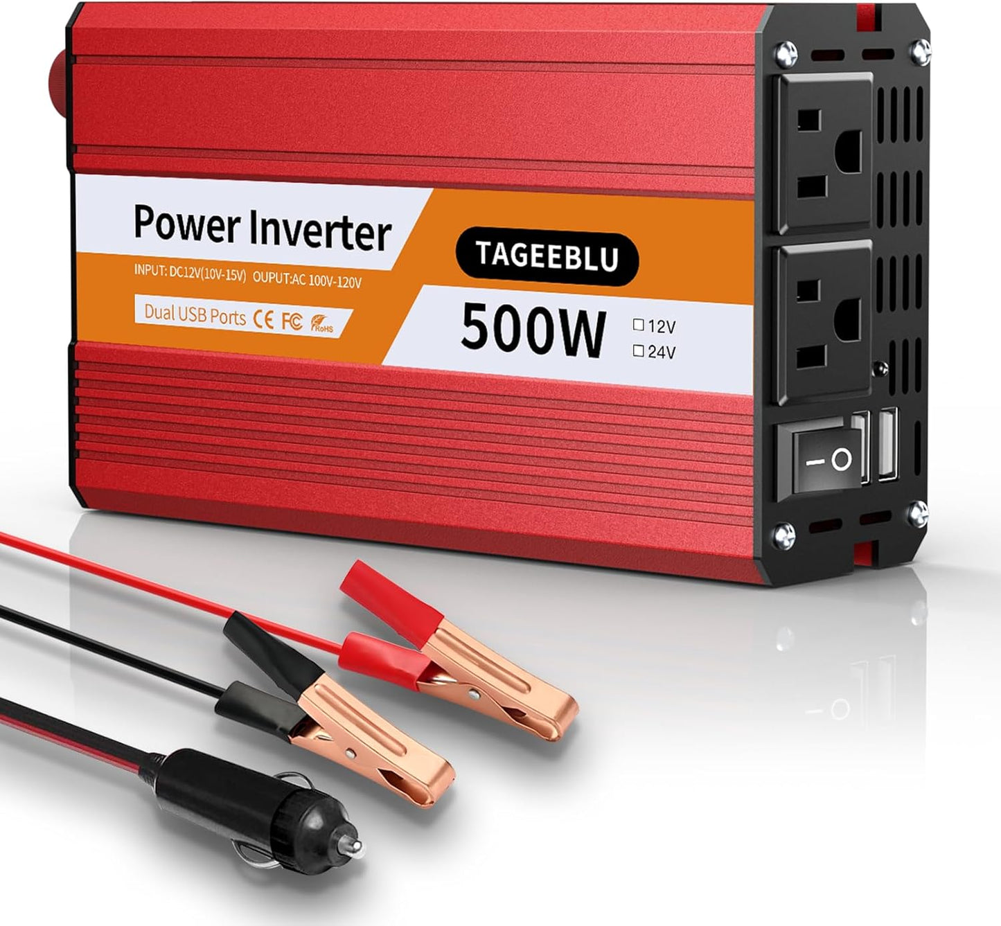 500W Power Inverter DC 12V to 110V/120V AC Car Inverter with 2 x 3.0A USB Ports and Dual AC Outlet, Equipped with 1 Cigarette Lighter and 2 Battery Clamps for Road Trip and Camping