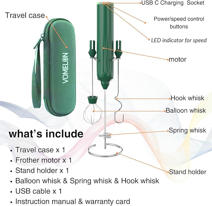 Milk Frother Handheld with 3 Stainless Steel Whisks, Rechargeable Electric Drink Mixer with Stand & Travel Case, Milk Foamer for Coffee, Latte, Cappuccino, Hot Chocolate, Egg,Jam Supplement-Green