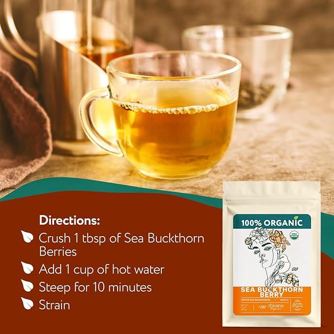 Organic Sea Buckthorn Berry – Sea Buckthorn Tea, Dried Seaberry, Seabuckthorn – Espino Amarillo – Rich in Nutrients Superfood Berries for Immunity, Heart, Digestion, Liver, Skin – 4 Ounces