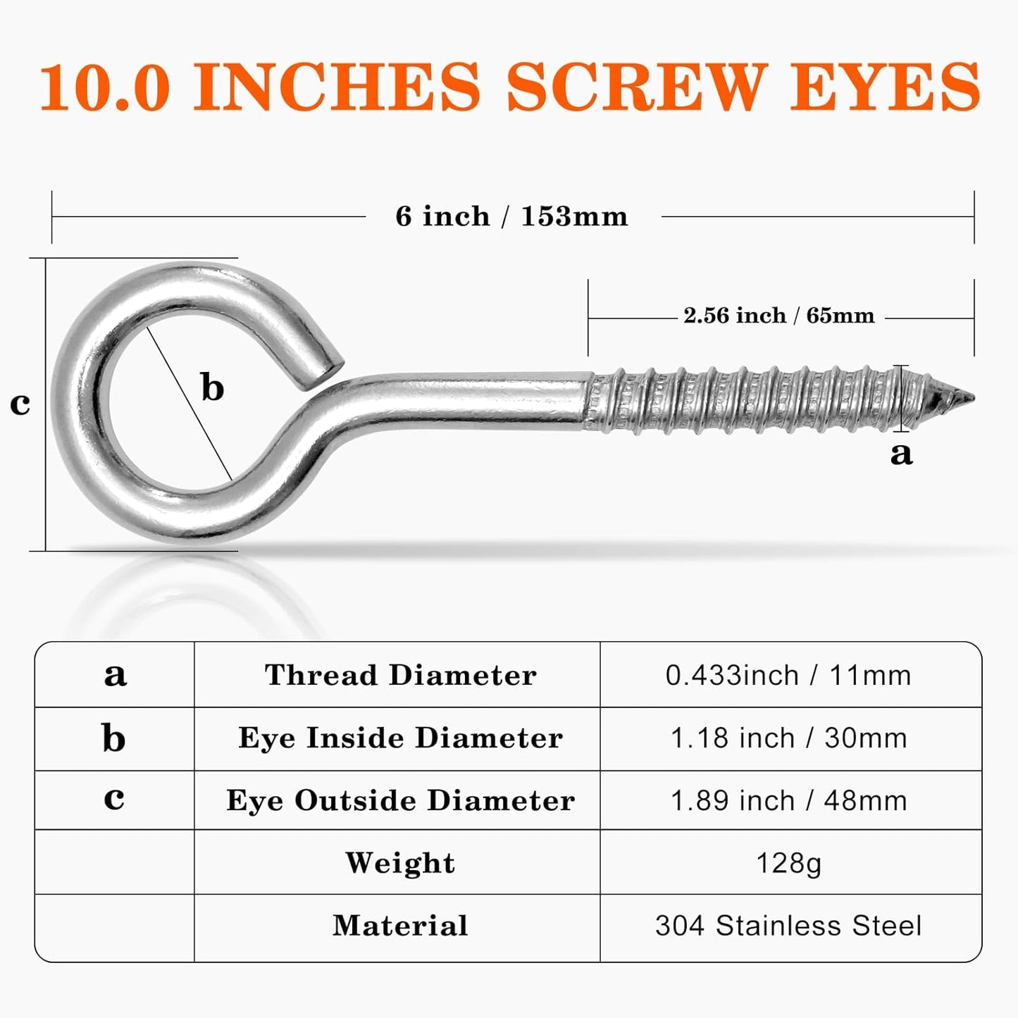4Pcs Self Tapping Eyelet Screw Eye Bolt，6 Inch Heavy Duty Screw Eyes Hooks ，M10 Wooden Large Screw Eye Hook，Load Capacity 800 Lbs for Hammock ，Yoga，Heavy Indoor Outdoor Uses (4, M10-6 INCH)
