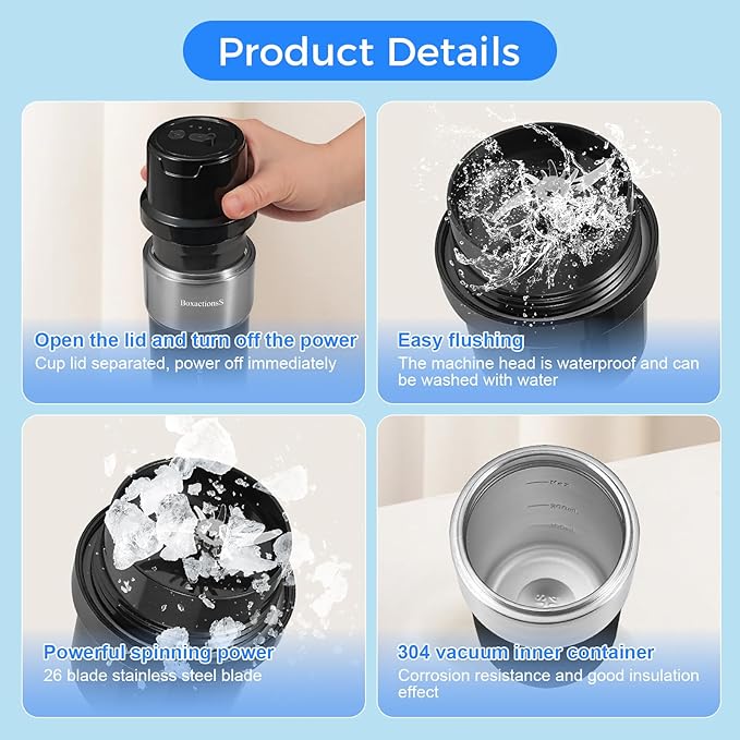 Flip Portable Blender，protein shaker，for-Smoothies, Shakes, Juicing,Egg white Powder，with Insulated Cup, USB Charging, Easy to Clean ，Black.