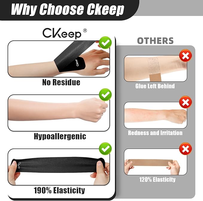 CKeep 4 Rolls Kinesiology Tape, Original Cotton Elastic Athletic Tape, 20 Precut 10" Strips Each, Black, Ideal for Muscle Support & Injury Prevention