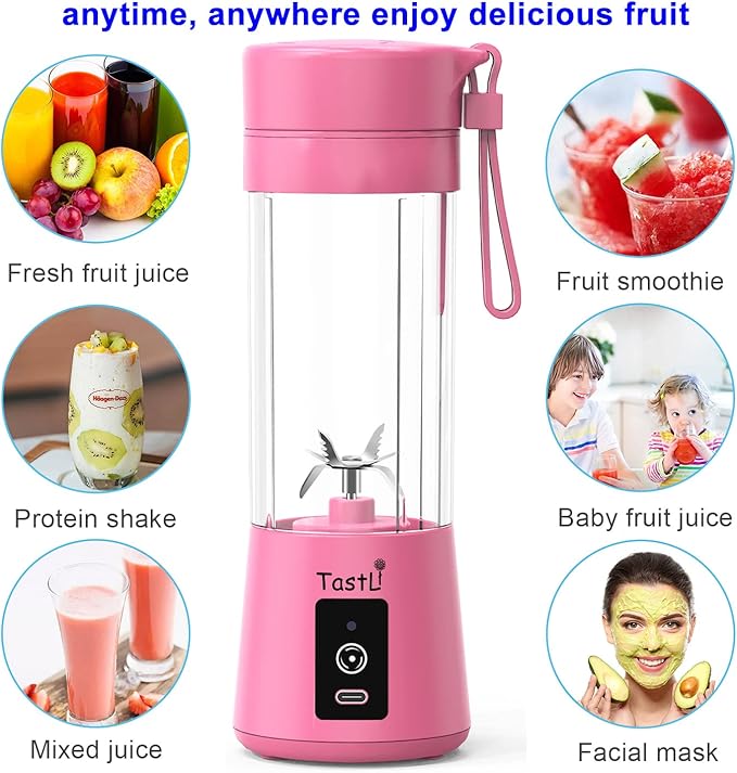 Portable Blender, Mini Personal Blender Bottles for shakes and smoothies，with USB Rechargeable On The Go Mixer Electric Blender juicer Cup for Fruit Juice Protein mixes (Pink)