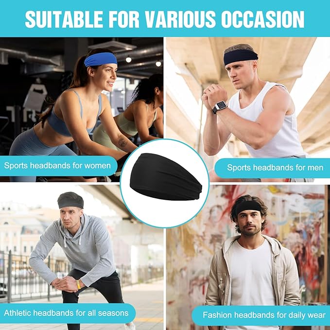 Headbands for Men, 6 Pack Mens Headband Sports Sweatbands, Moisture Wicking Hair Bands for Running, Cycling, Basketball, Yoga, Fitness, Workout Sweat Hairband for Women Men