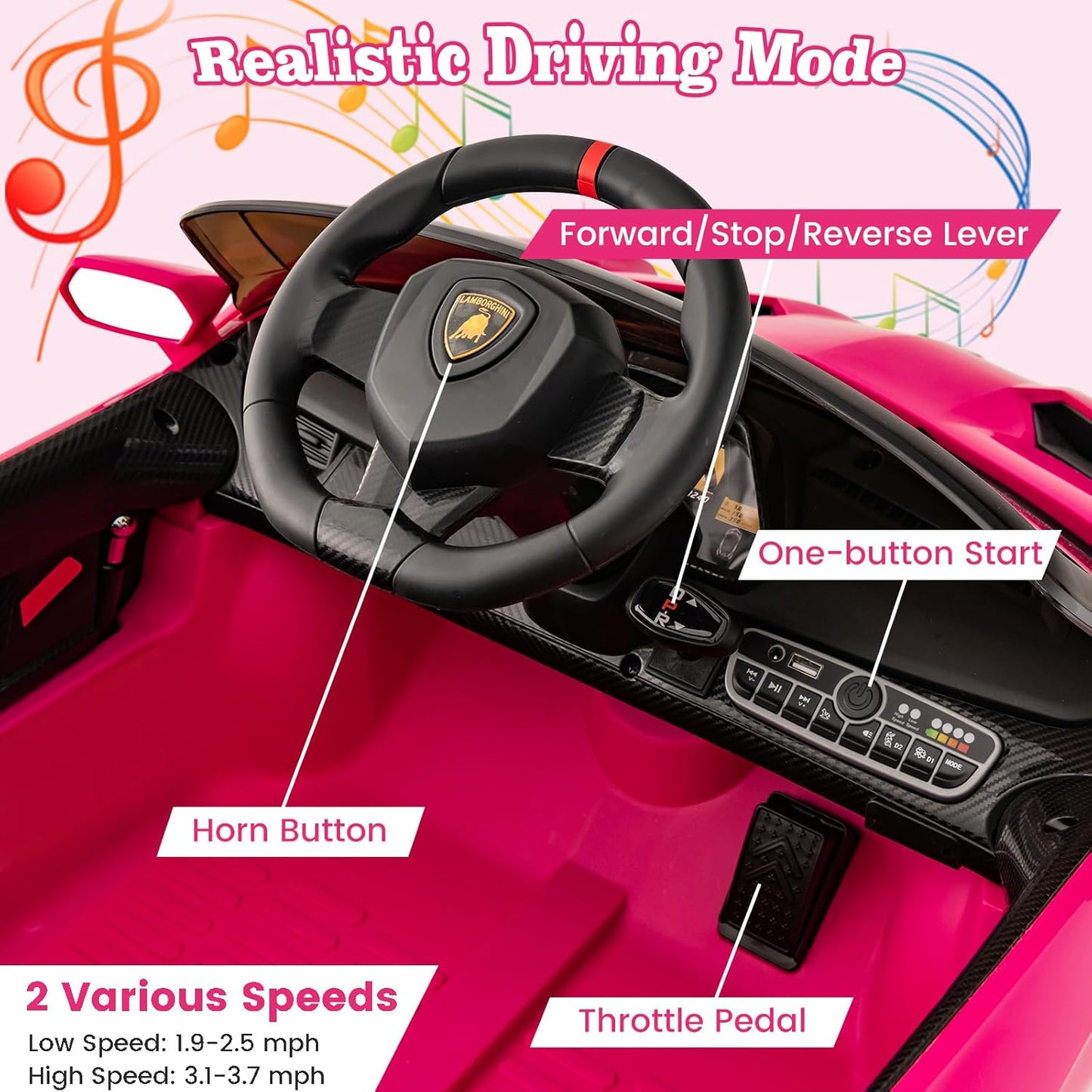 Costzon Pink Lamborghini Ride on Car, 12V Battery Powered 4WD Lambo Kids Car with Remote Control, 3 Speeds, Dual Doors, LED Lights, Horn, Music, Licensed Electric Vehicle for Toddlers Girls Kids Gift