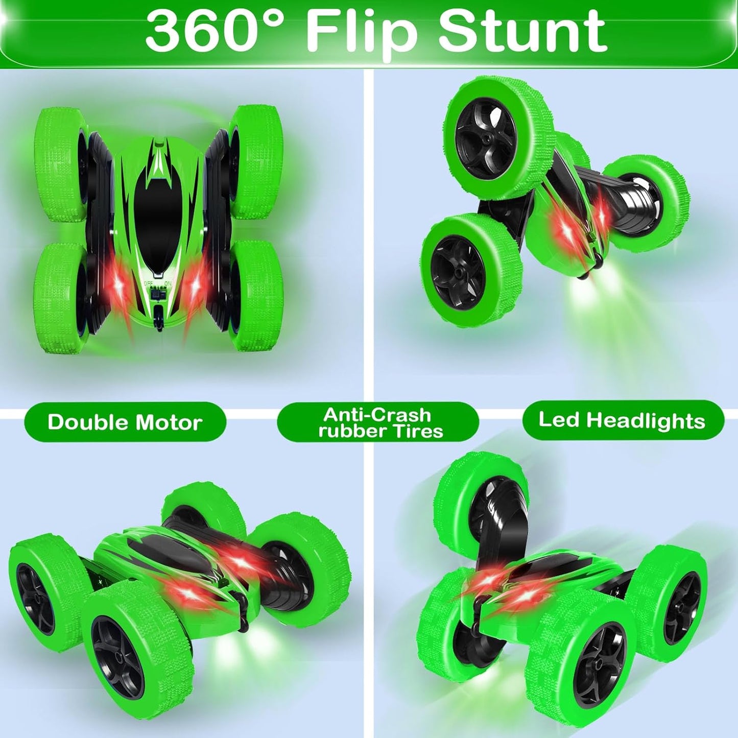 FREE TO FLY Remote Control Car for Boys 8-12: 2.4Ghz Electric Rechargeable Race Stunt Cars Double Sided 360 Rolling Rotating Rotation with Led Headlights
