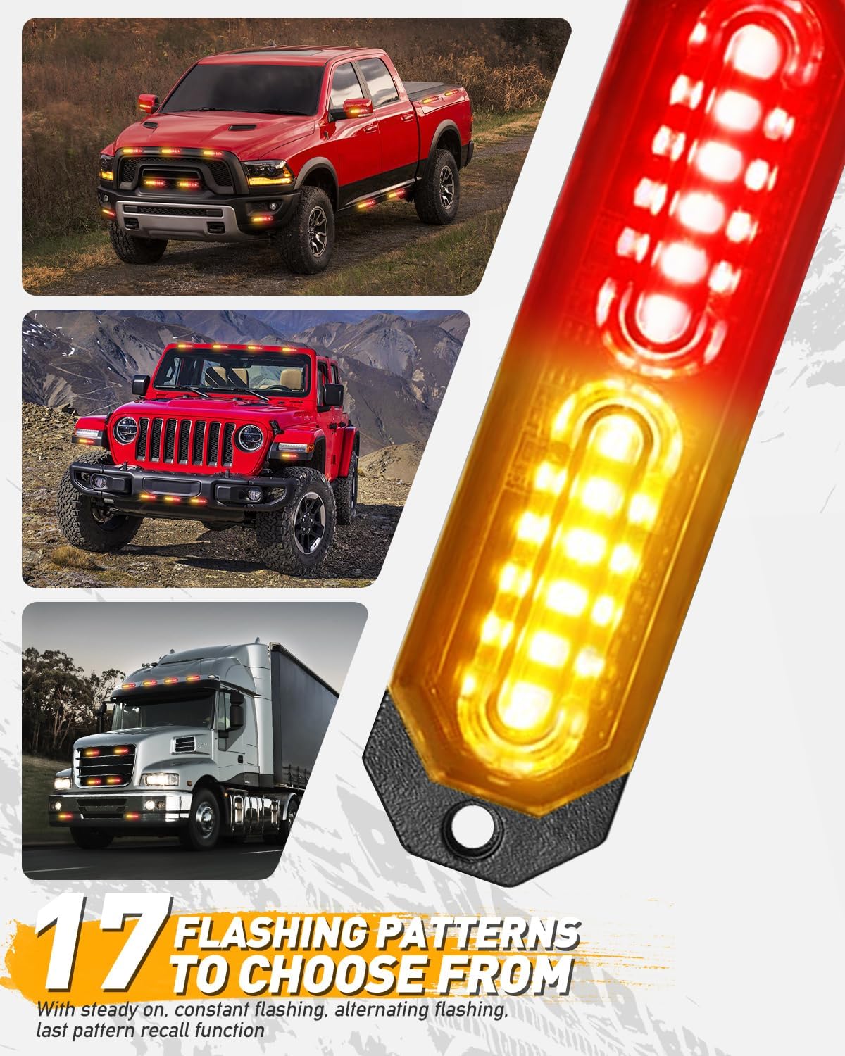 HLauto 1200T Emergency Strobe Grille Lights: 8pcs 12 LED Sync Feature Safety Warning Flashing Lights, Ultra Slim Surface Mount Hazard Caution Lights for Trucks, Vehicles, Car, ATV, UTV (Amber Red)