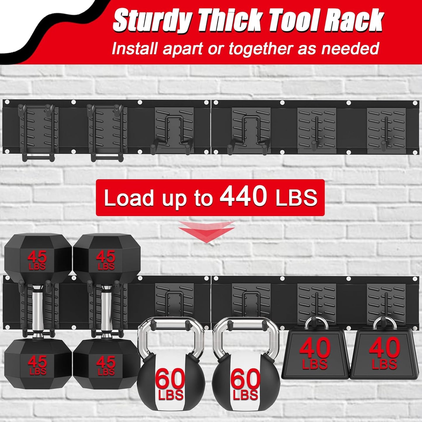 32 Inches Garage Organization,Wall Mount Garden Tool Organizer, 440lbs Adjustable Heavy Duty Metal Hanging Hooks, Garden Tool Hangers Storage Rack for Garage, Yard, and Shed (2 Racks, 6 Hooks)