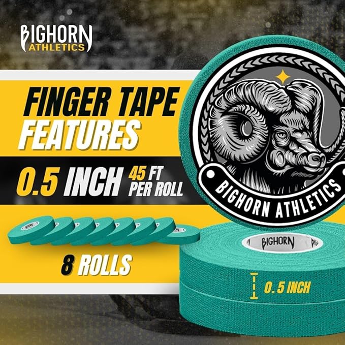 Bighorn Athletics Jiu Jitsu Finger Tape, Rock Climbing Tape | Multipurpose for Sports & Injuries: MMA, Volleyball, Football, Basketball, Tennis, Golf, Hands & Toes, 0.5-Inch x 45-feet, 8-Rolls, Green