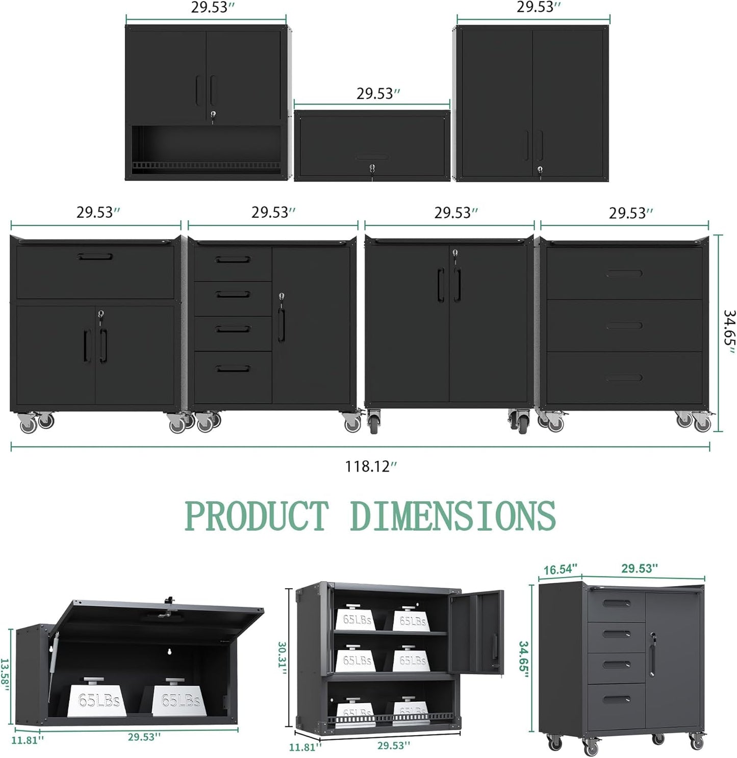 Metal Tool Cabinet,Garage Storage Cabinet System,Wall Cabinet & Locking Rolling Tool Cabinet with Doors and Adjustable Shelves,Steel Tool Cabinets for Home,Office (7 Pcs-StyleA, Black)