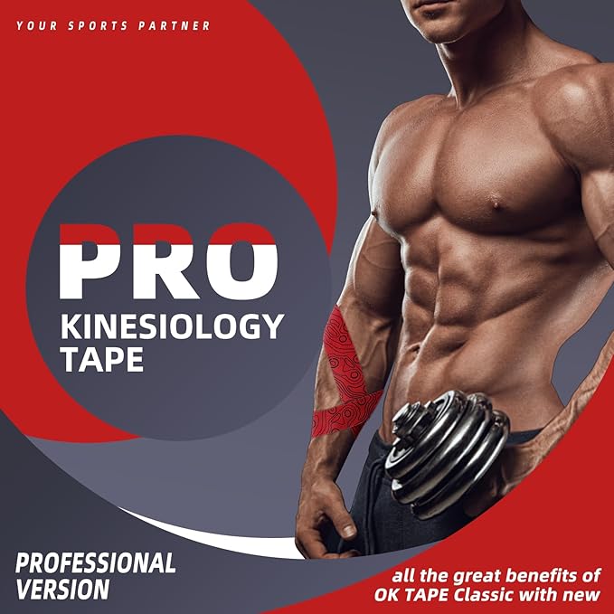 OK TAPE PRO Kinesiology Tape Uncut Roll, Elastic Physical Therapy Athletic Tape for Pain Relief, Muscle Support, Kinetic Tape, Water Resistant, 2in X 16.4ft -Red