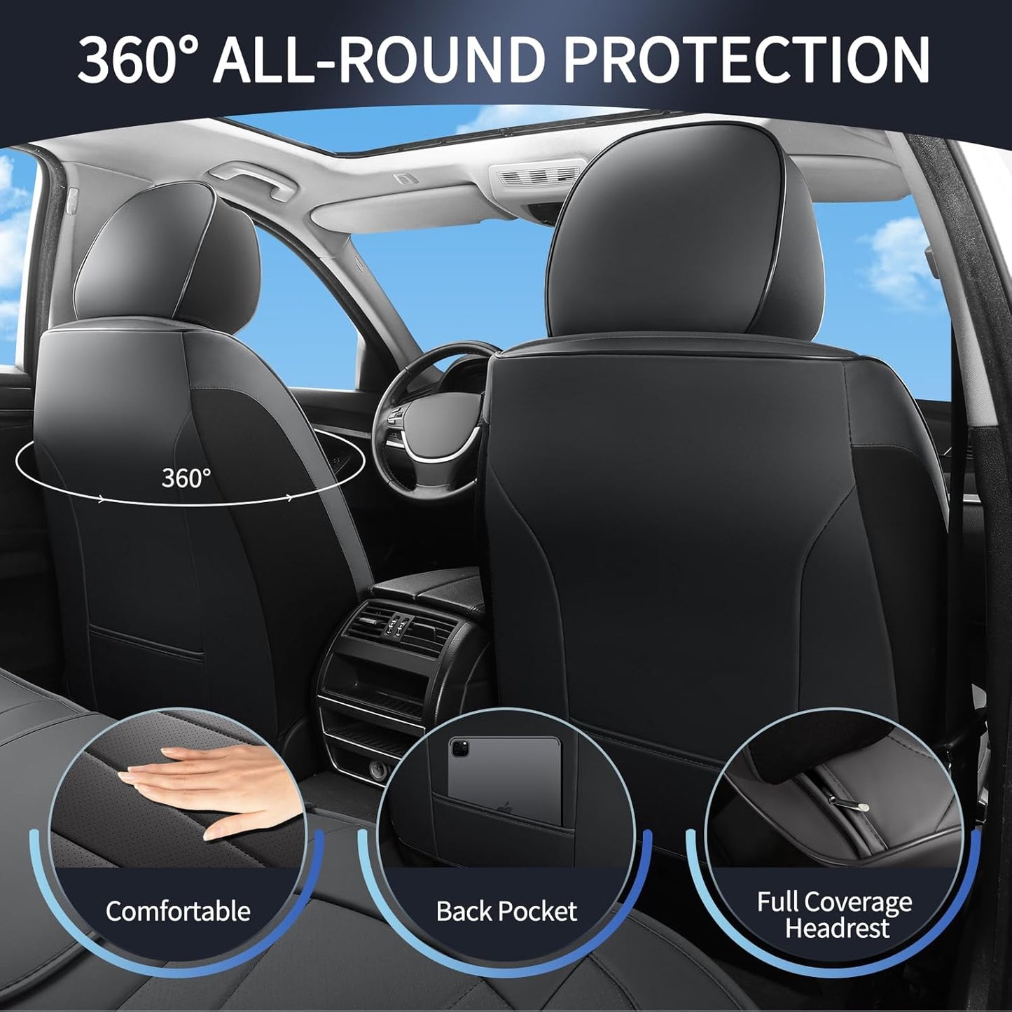 Car Seat Covers,5 Seats Automotive Seat Covers,Breathable Car Seat Protector Waterproof Leather Car Seat Covers for SUV, Sedans and Trucks，Luxury Full Wrapping Edge Seat Covers,Black
