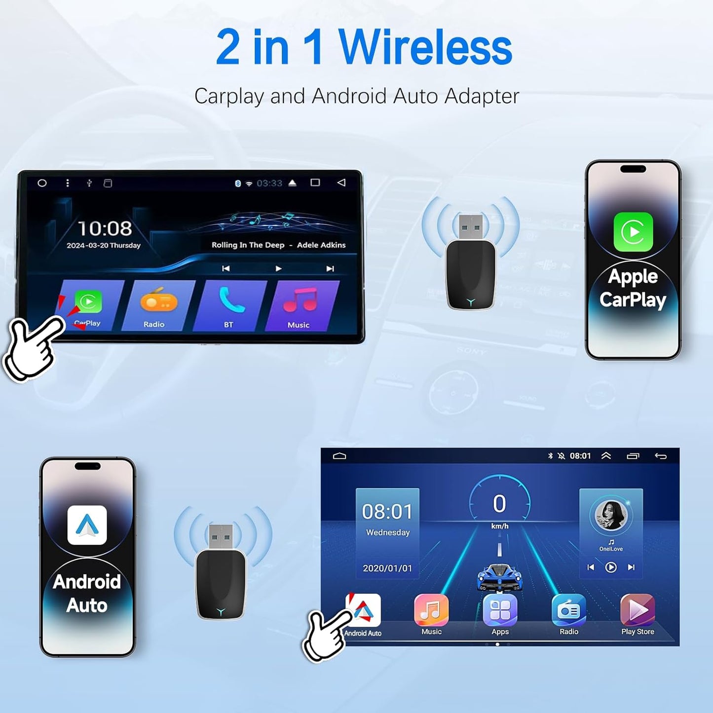 Mini Wireless Carplay Adapter, Convert Wired to Wireless Car Play & Android Auto 2-in-1 Adapter for Apple iPhone & Android Phone, Plug & Play, Auto Connect, No Delay, w/USB C for iOS 10+ Android11+