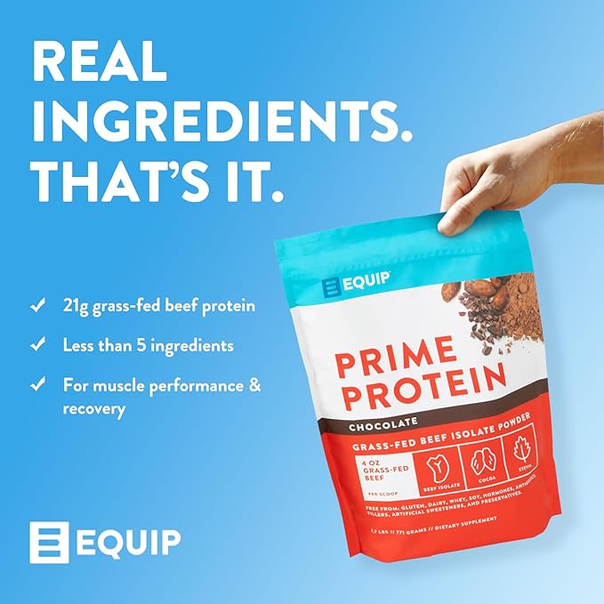 Equip Foods Prime Protein Powder | Clean, Grass Fed Beef Protein Isolate | Carnivore Protein Powder | Paleo, Keto Friendly | Gluten, Dairy Free | Helps Build & Repair Tissue | 30 Servings, Chocolate