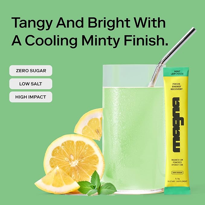 Magna Electrolyte Powder Drink Mix for Hydration, Energy & Focus Support with Magnesium L Threonate, Malate & Glycinate, Sodium, Potassium, Vitamin D, B6 & B12, Mint Lemonade Flavor, 28 Servings