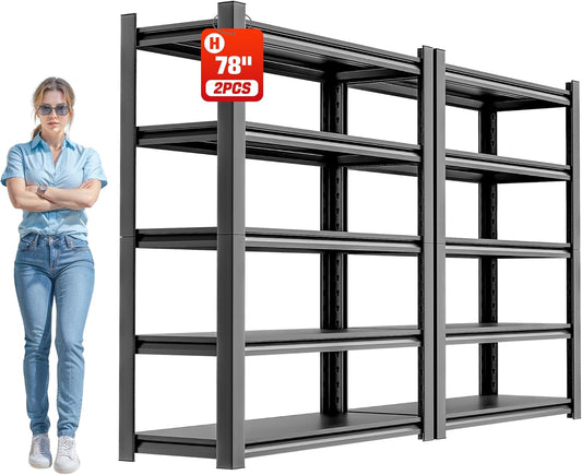 Garage Shelving Heavy Duty, 5 Tier Metal Storage Shelf Unit for Industrial and Utility Use - Durable Metal Shelf Organizer, Garage Storage Shelf 18" D x48 W x78 H（2 Pieces）