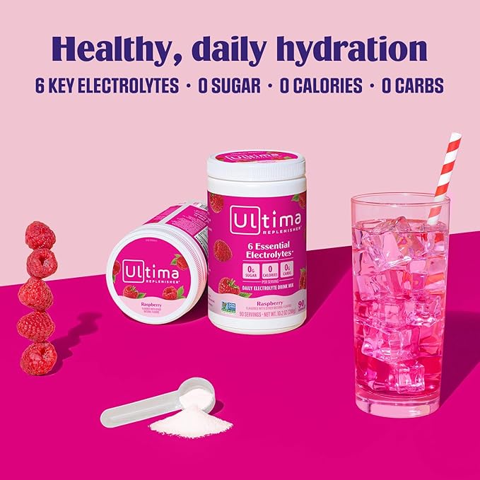 Ultima Replenisher Daily Electrolyte Powder Drink Mix – Sugar Free – Raspberry, 90 Servings – Hydration Powder with 6 Key Electrolytes and Trace Minerals – Keto Friendly, Vegan, Non-GMO