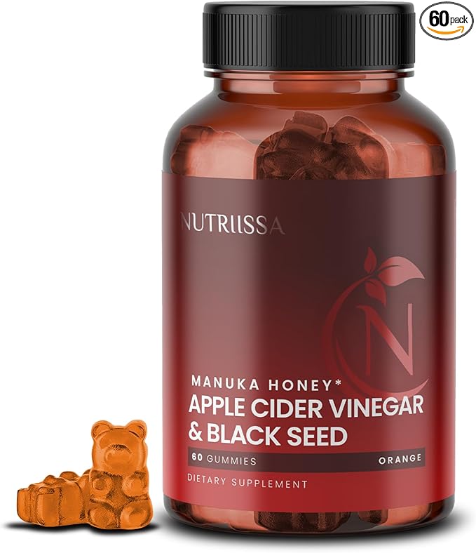 Nutriissa - Apple Cider Vinegar + Black Seed Oil + Elder Berry + Manuka Honey Gummies – Cold-Pressed Cumin Seed Nigella Sativa – EPEB Certified for Purity & Potency – 60 Orange Flavored Gummies