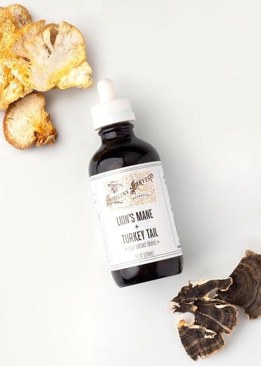 Organic Lion’s Mane + Turkey Tail Tincture | Made with Mushrooms Grown On Our Farm in The USA | Dual Extract | Extra-Concentrated (4 fl oz)