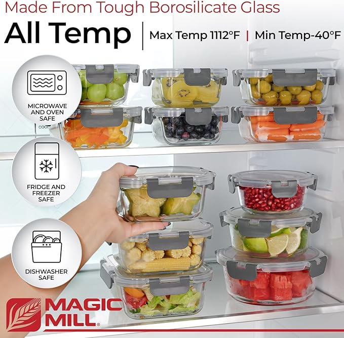 Magic Mill Glass Storage Containers with lids Set | Ultimate 24pc Sets with 12 Food Storage Containers & 12 Airtight Locking Lids for Lunch, Meal Prep, Fridge, Freezer, and Dishwasher Safe, BPA-Free