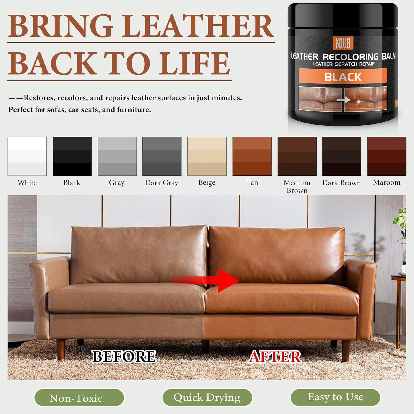 Leather Recoloring Balm Leather Color Restorer Scratch Repair Leather Paint for Furniture Couches Car Seats Shoes Bags Leather Dye and Scratched Leather with Leather Conditioner - Black