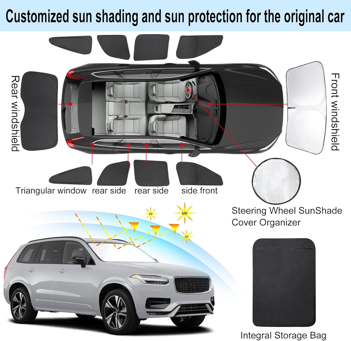 TINGLU Window Shades for Volvo XC90 2016-2024 2025 Accessories Car Side Full Windows Rear Triangular Windshield Sun Shade Sun UV Rays & Privacy Protection for Camping,Napping,and Relaxing 10PCS