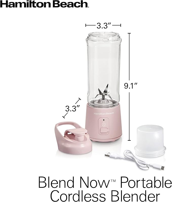 Hamilton Beach Mini Cordless Portable Personal Blender for Shakes and Smoothies, USB Rechargeable, 16 oz. Jar with Leakproof Travel Lid, 6 Stainless Steel Blades, Pink (51181)