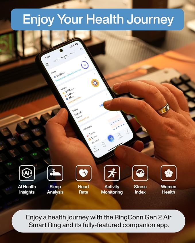 RingConn Gen 2 Air, Ultra-Thin AI Smart Ring, 10-Day Battery Life, Fitness/Sleep/Stress/HR Tracker for Women&Men, No App Fee for Standard Features, iOS & Android Compatible (Size 10, Galaxy Sliver)
