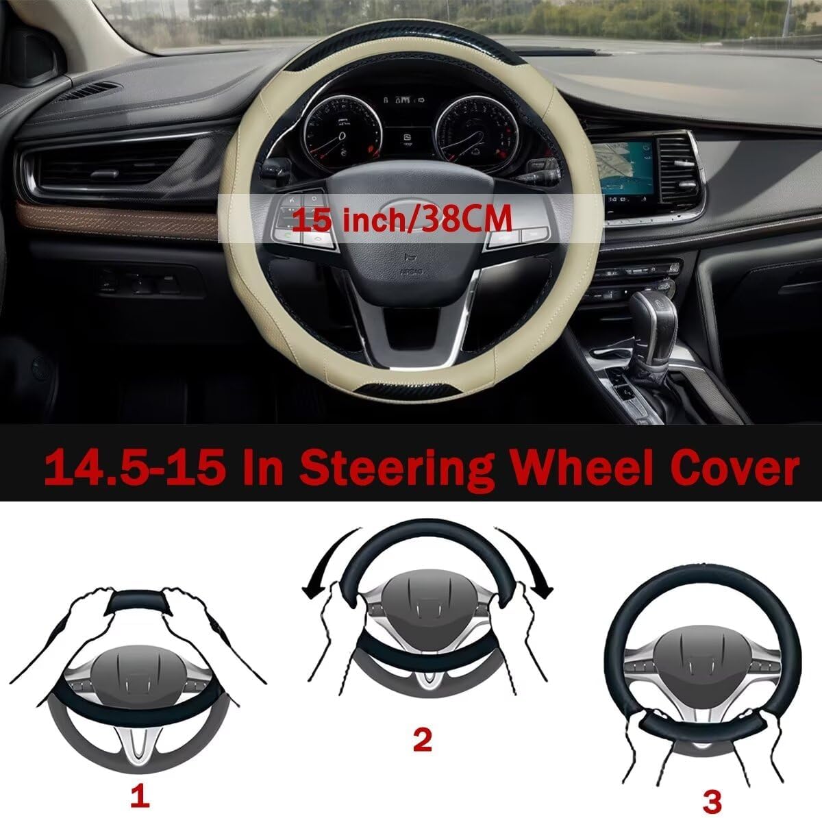 Car Steering Wheel Cover with Cup Coasters, Universal 15 inch Leather Carbon Fiber Steering Wheel Covers Comfort Grip Breathable Anti-Slip Steering Wheel Accessories for SUV Truck Van Auto - Black