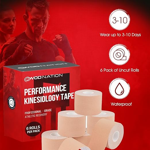 WOD Nation Kinesiology Tape Roll Latex Free, Waterproof Athletic Tape, Tape, Sports Tape for Pain Relief - Supports & Stabilizes Knee, Muscles, Joints - 2 Inch x 16.4 Feet Roll, Tan