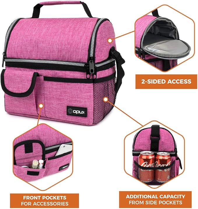 opux Lunch Bag Women Insulated, Adult Lunch Box Cooler, Lunch Box for Men, Dual Compartment Lunchbox for Work, Leakproof Double Decker Lunch Bag, Soft Lunch Pail Tote Girls Boys Kids School, Pink