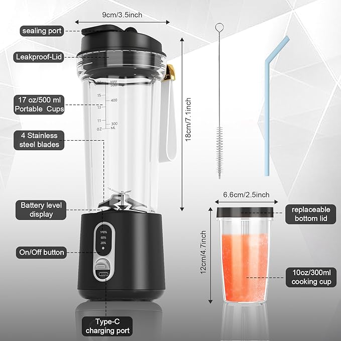 Portable Blender for Smoothies and Shakes, 2 Portable Blender Cups, 17 &10 oz Cordless Personal Small Blender with Straw Brush&Lid, USB-C Rechargeable, Quiet Mini Travel Blender, Black