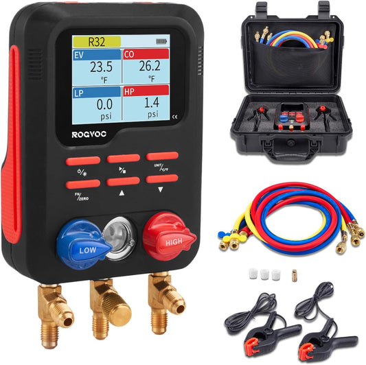Digital Manifold Gauge, HVAC Refrigerants Digital AC Gauges Set with 2 Thermometer Clamps and 3 Hoses, for R22/R410A/R134A/1234YF Refrigerant Recharge Kit, Black
