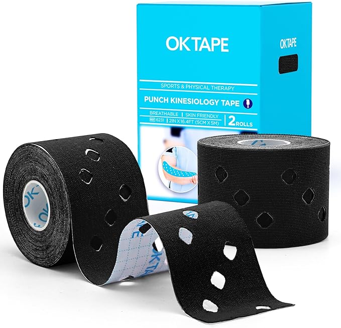 OK TAPE Perforated Kinesiology Tape for Sensitive Skin, More Breathable, Elastic Athletic Tape for Pain Relief & Muscle Support, Uncut 2 Rolls - 2in x 16.4ft (Black)