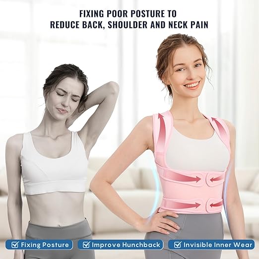 Fit Geno Back Brace Posture Corrector for Women, Shoulder Straightener, Adjustable Full Back Support, Upper and Lower Back Pain Relief - Scoliosis, Hunchback, Hump, Thoracic, Spine Corrector (Medium)