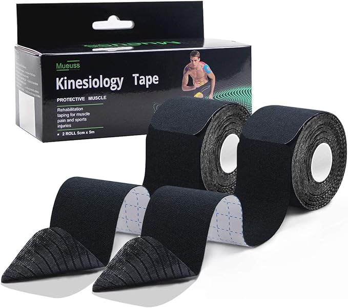 MUEUSS Kinesiology Tape,Sports Tape,Athletic Tape Elastic Cotton Precut Strips,Waterproof Tape for Protects Muscles,Knees,Shoulders Plantar Fasciitis Pain Relief,Pregnancy Belly Tape (2 Rolls Black)