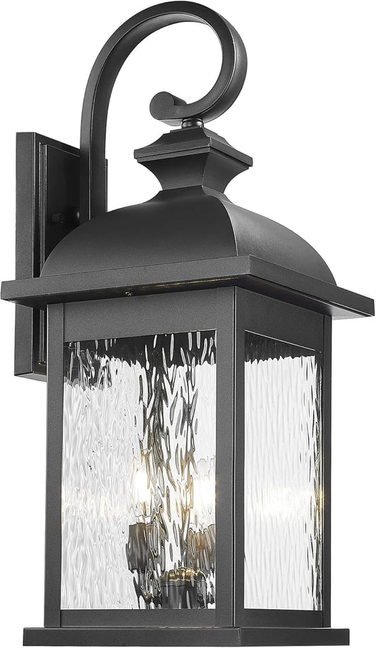 FEMILA 26" Outdoor Wall Light, Large Exterior Wall Lantern with Water Ripple Glass, 3-Light Outdoor Wall Light Fixtures for Entryway, Patio, Garage, and Doorway, E12 Base, 4FD54B-L BK