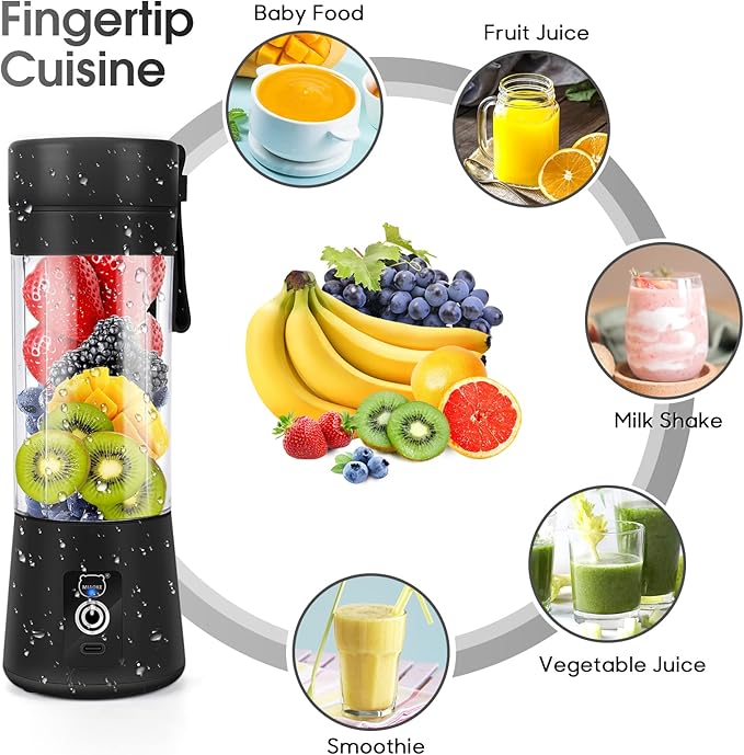 Portable Blender, MIAOKE Smoothie Blender, Personal Mini Juice Blender with Six Blades in 3D, USB Rchargeable Juicer Cup Home/Office/Outdoors (Black)